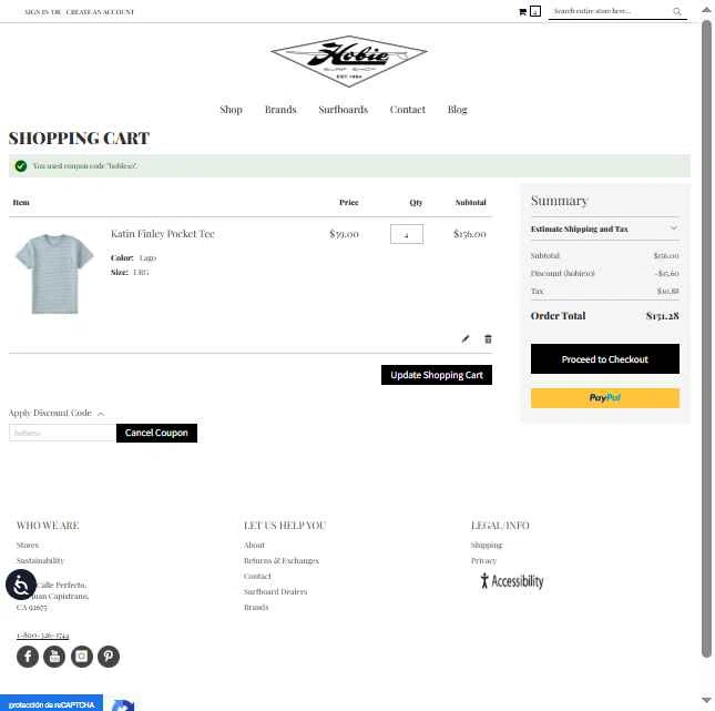Hobie Surf Shop checkout page showing Hobie Surf Shop discount code box | Screenshot taken by SimplyCodes community member on Jul 20, 2025