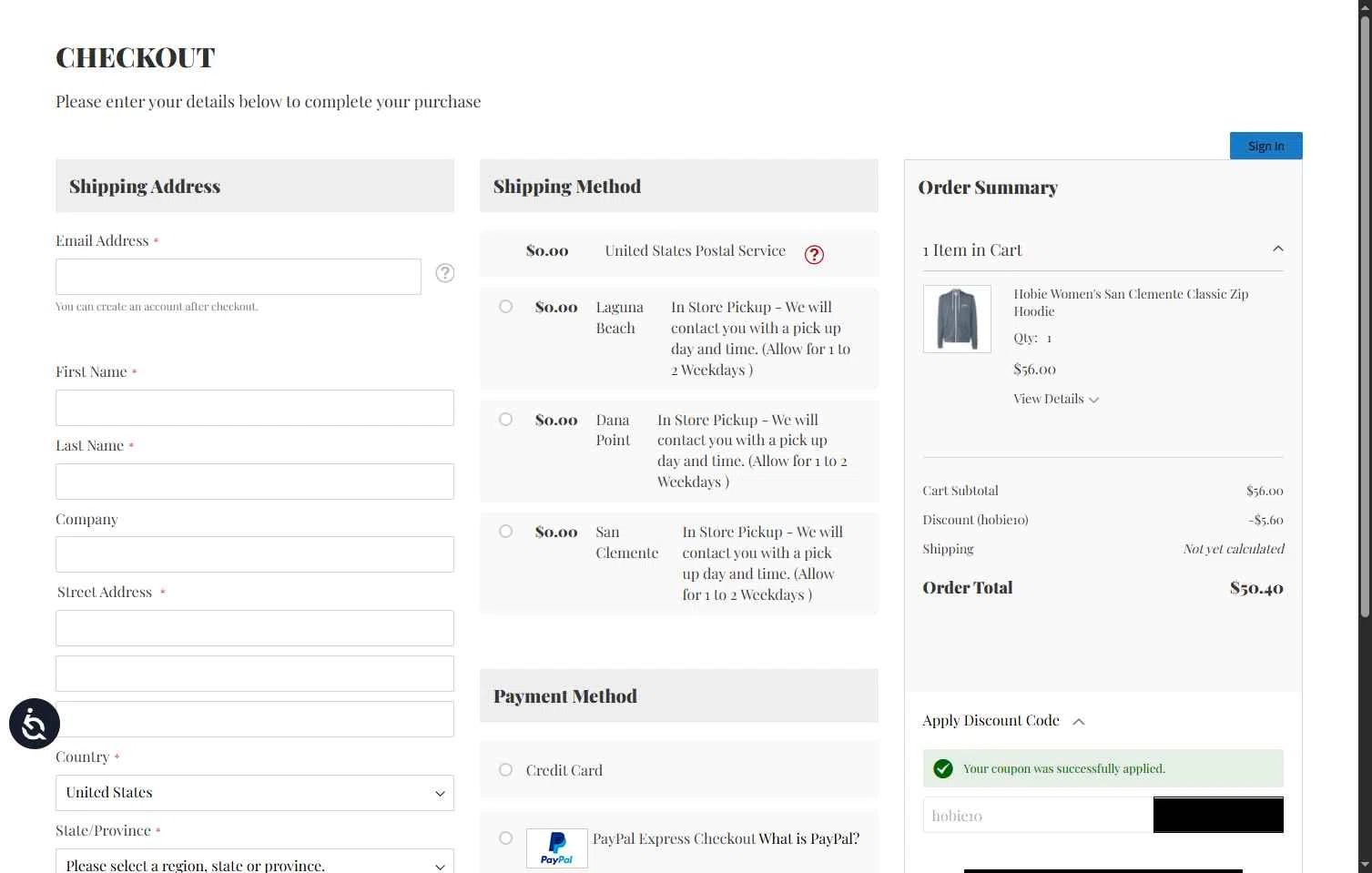 Hobie Surf Shop checkout page showing Hobie Surf Shop discount code box | Screenshot taken by SimplyCodes community member on Jul 20, 2025