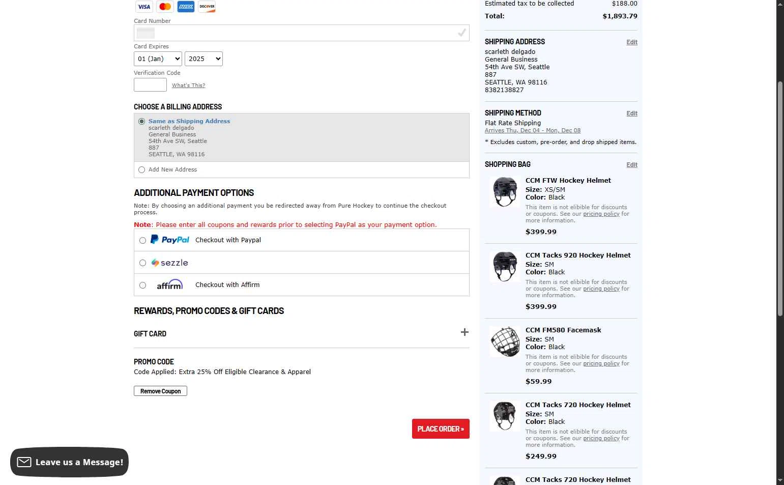 Hockey Giant checkout page showing Hockey Giant promo code box | Screenshot taken by SimplyCodes community member on Nov 29, 2025