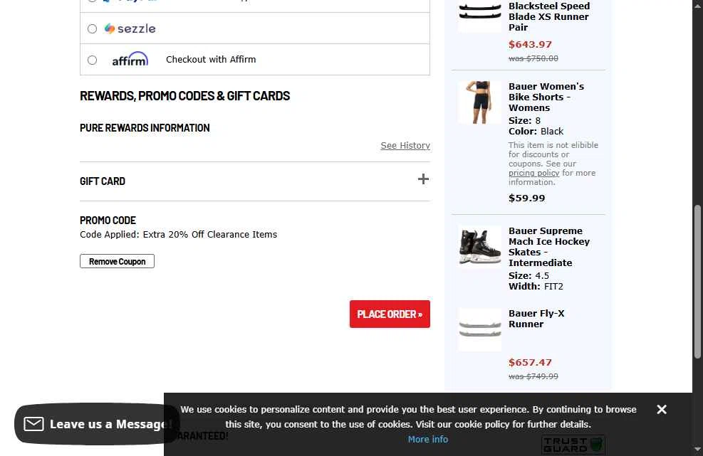 Hockey Giant checkout page showing Hockey Giant promo code box | Screenshot taken by SimplyCodes community member on May 21, 2025