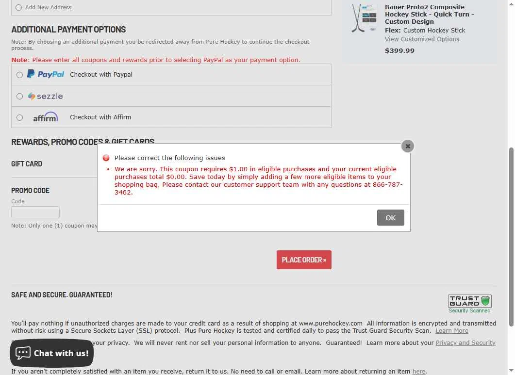 Hockey Giant checkout page showing Hockey Giant promo code box | Screenshot taken by SimplyCodes community member on Dec 31, 2025