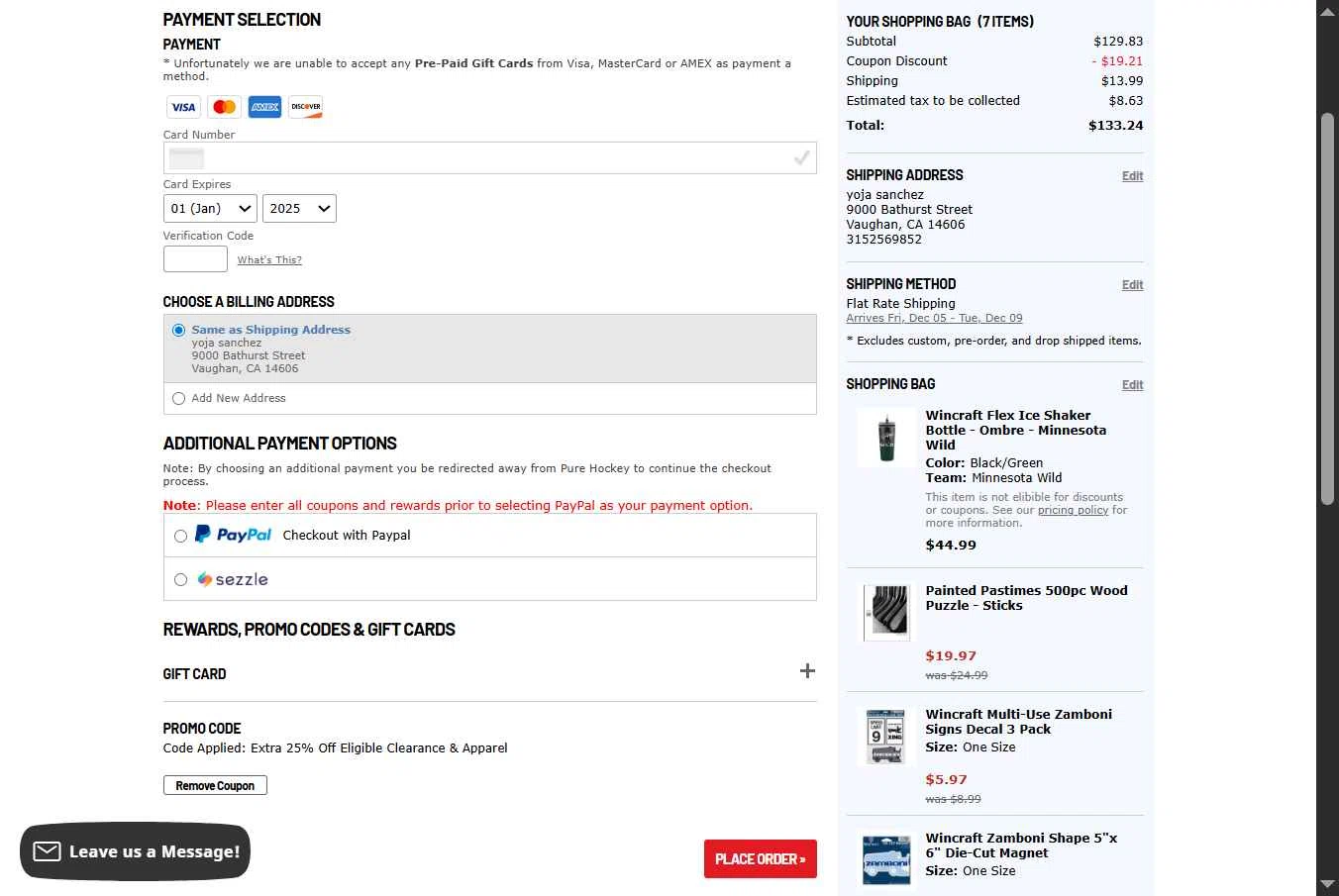 Hockey Giant checkout page showing Hockey Giant promo code box | Screenshot taken by SimplyCodes community member on Dec 2, 2025