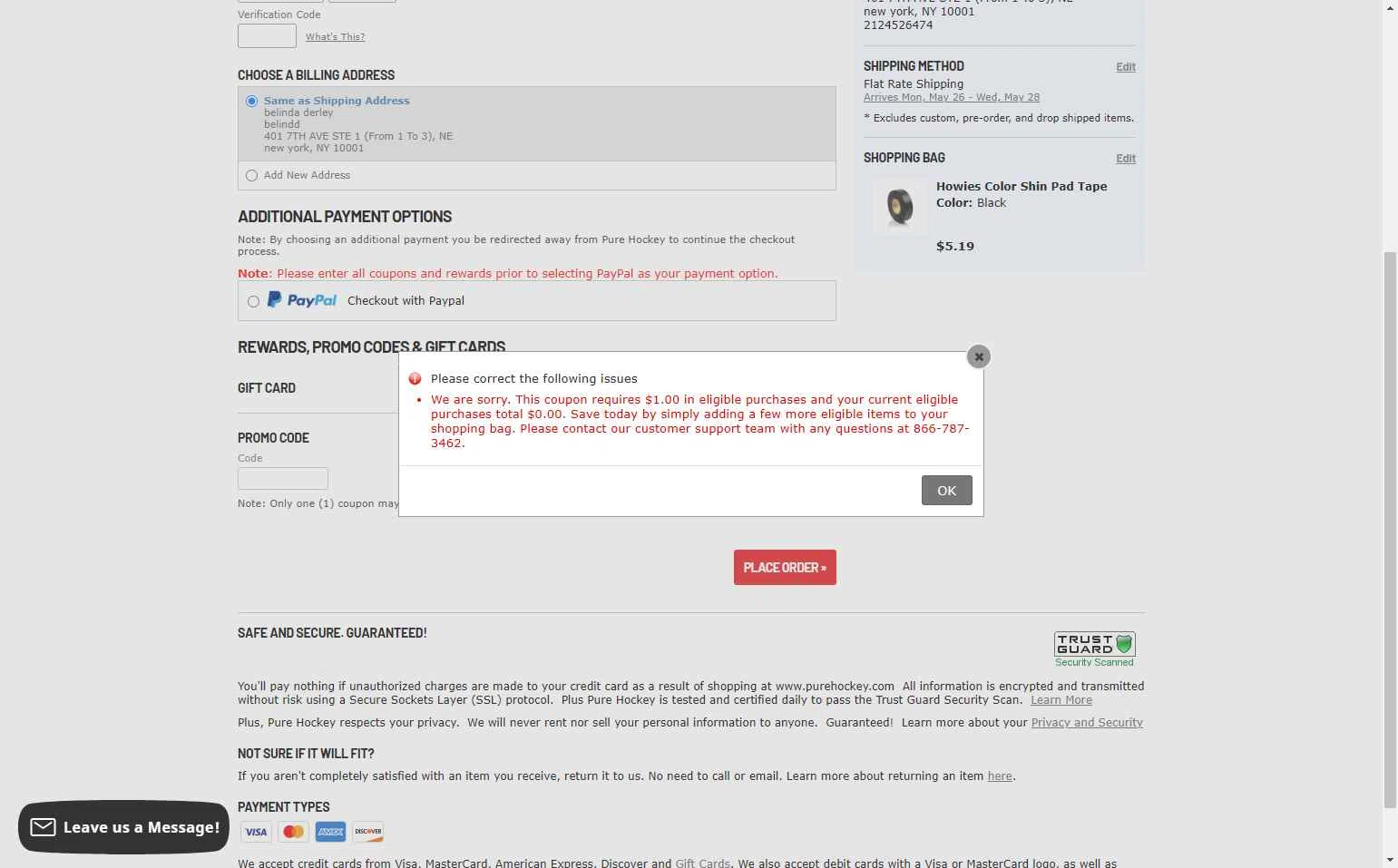 Hockey Giant checkout page showing Hockey Giant promo code box | Screenshot taken by SimplyCodes community member on May 21, 2025