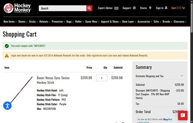 HockeyMonkey checkout page showing HockeyMonkey promo code box | Screenshot taken by SimplyCodes community member on Aug 25, 2025