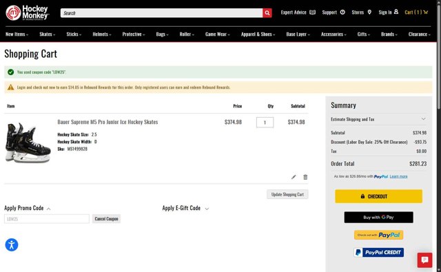 HockeyMonkey checkout page showing HockeyMonkey promo code box | Screenshot taken by SimplyCodes community member on Aug 27, 2025