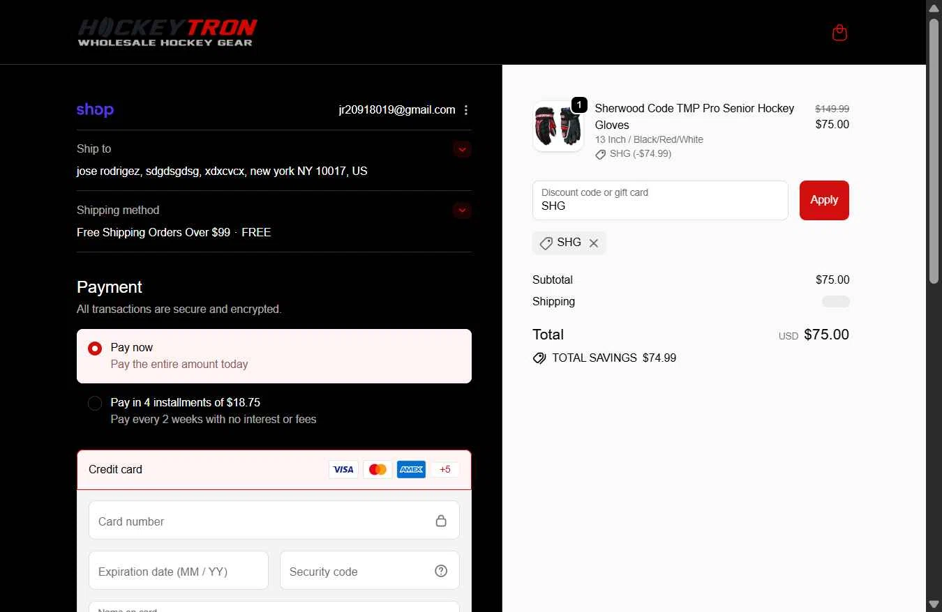 Hockey tron checkout page showing Hockey tron promo code box | Screenshot taken by SimplyCodes community member on Feb 16, 2026