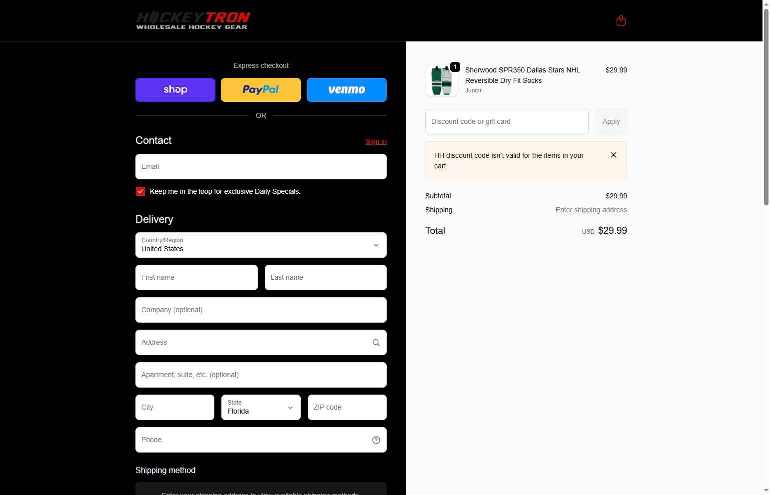 Hockey tron checkout page showing Hockey tron promo code box | Screenshot taken by SimplyCodes community member on Feb 12, 2026