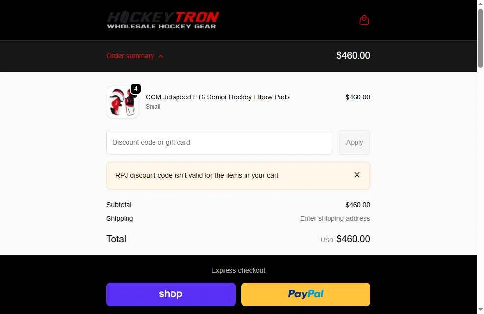 Hockey tron checkout page showing Hockey tron promo code box | Screenshot taken by SimplyCodes community member on Feb 9, 2026