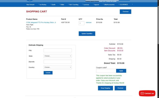 Hockey World checkout page showing Hockey World promo code box | Screenshot taken by SimplyCodes community member on Aug 14, 2025