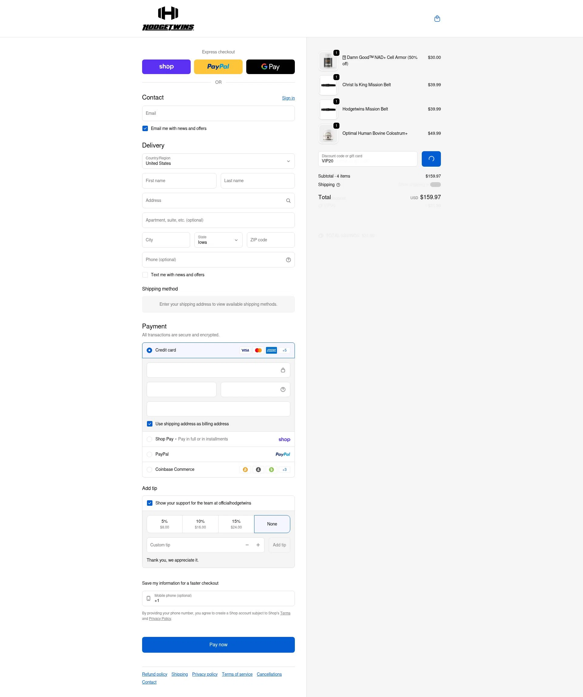 Hodgetwins checkout page showing Hodgetwins coupon code box | Screenshot taken by SimplyCodes community member on Feb 5, 2026