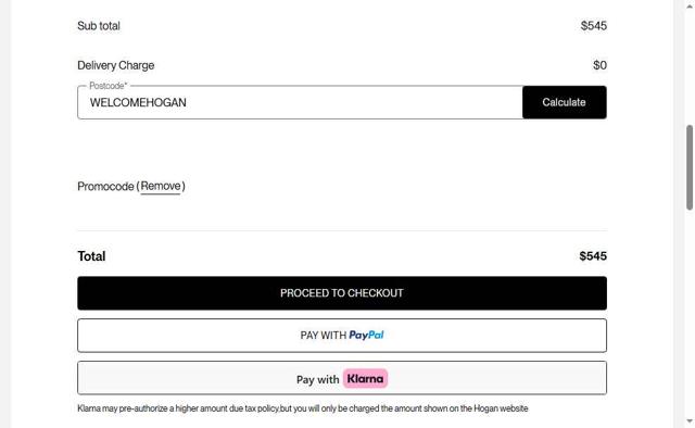 Hogan checkout page showing Hogan promo code box | Screenshot taken by SimplyCodes community member on Jun 10, 2025