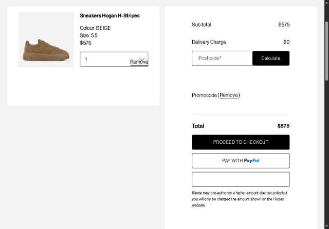 Hogan checkout page showing Hogan promo code box | Screenshot taken by SimplyCodes community member on Aug 18, 2025