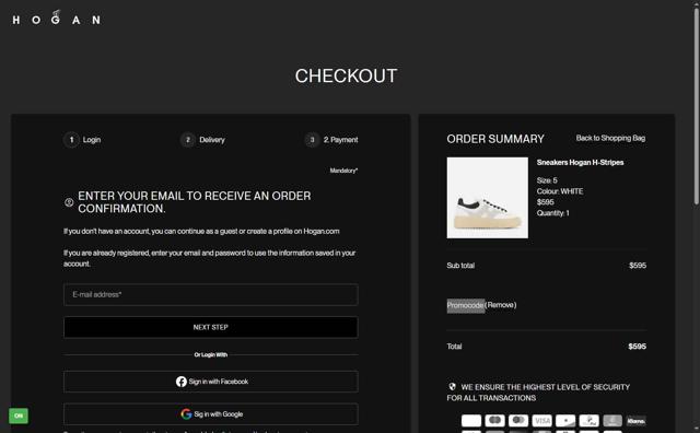 Hogan checkout page showing Hogan promo code box | Screenshot taken by SimplyCodes community member on Aug 11, 2025