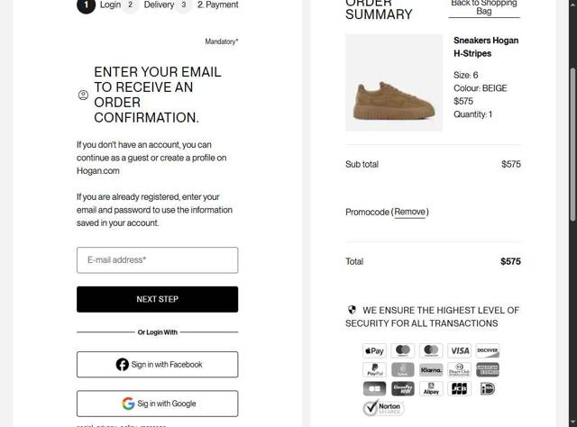 Hogan checkout page showing Hogan promo code box | Screenshot taken by SimplyCodes community member on Aug 27, 2025