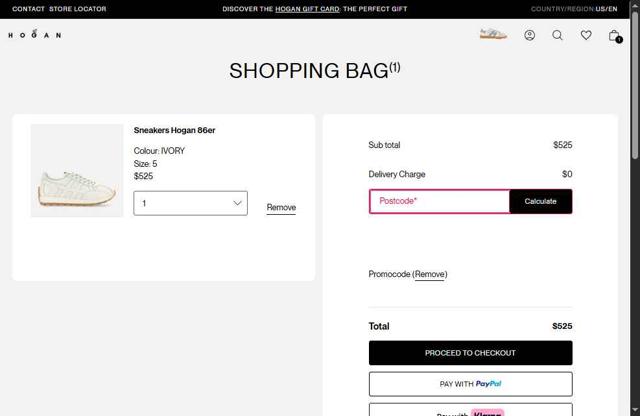 Hogan checkout page showing Hogan promo code box | Screenshot taken by SimplyCodes community member on Jun 19, 2025