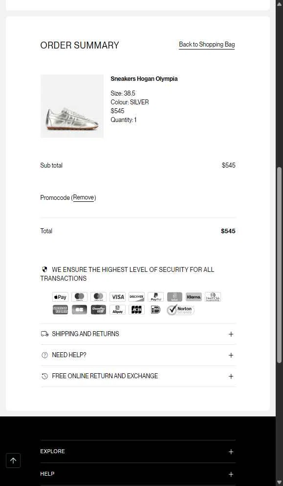 Hogan US checkout page showing Hogan US promo code box | Screenshot taken by SimplyCodes community member on Sep 23, 2025
