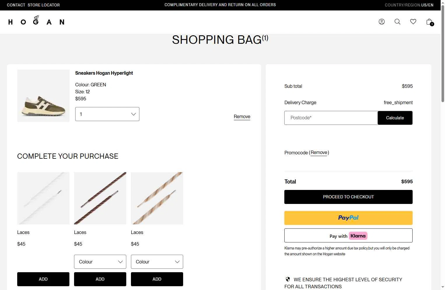 Hogan US checkout page showing Hogan US promo code box | Screenshot taken by SimplyCodes community member on Dec 12, 2025