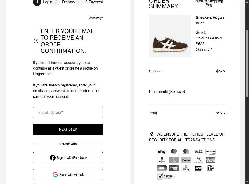 Hogan US checkout page showing Hogan US promo code box | Screenshot taken by SimplyCodes community member on May 26, 2025