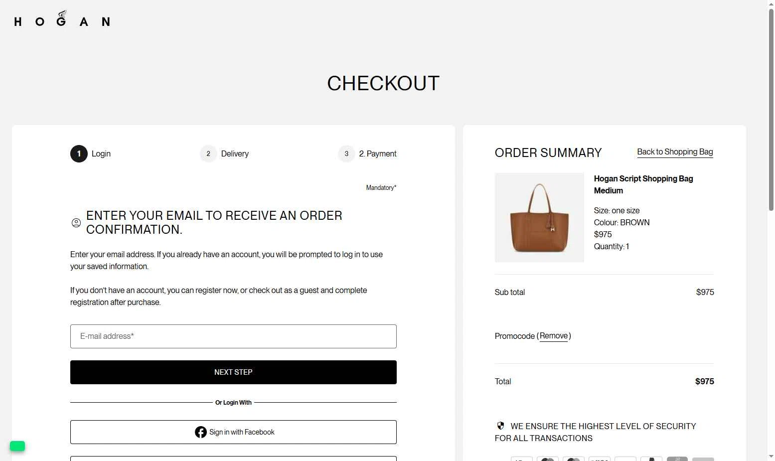 Hogan US checkout page showing Hogan US promo code box | Screenshot taken by SimplyCodes community member on Dec 12, 2025