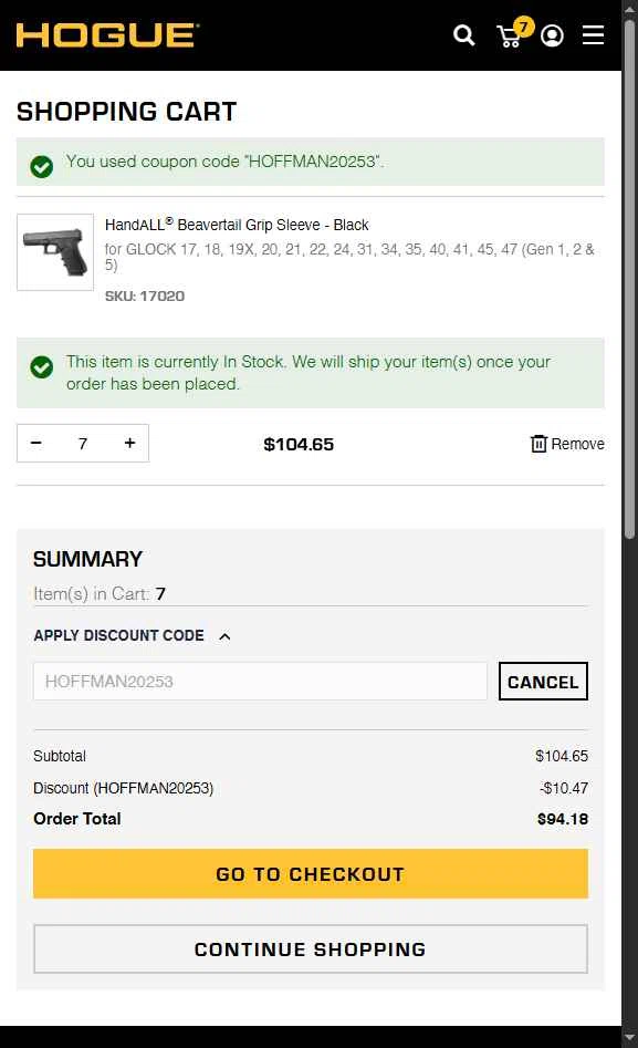 Hogue checkout page showing Hogue discount code box | Screenshot taken by SimplyCodes community member on Aug 22, 2025