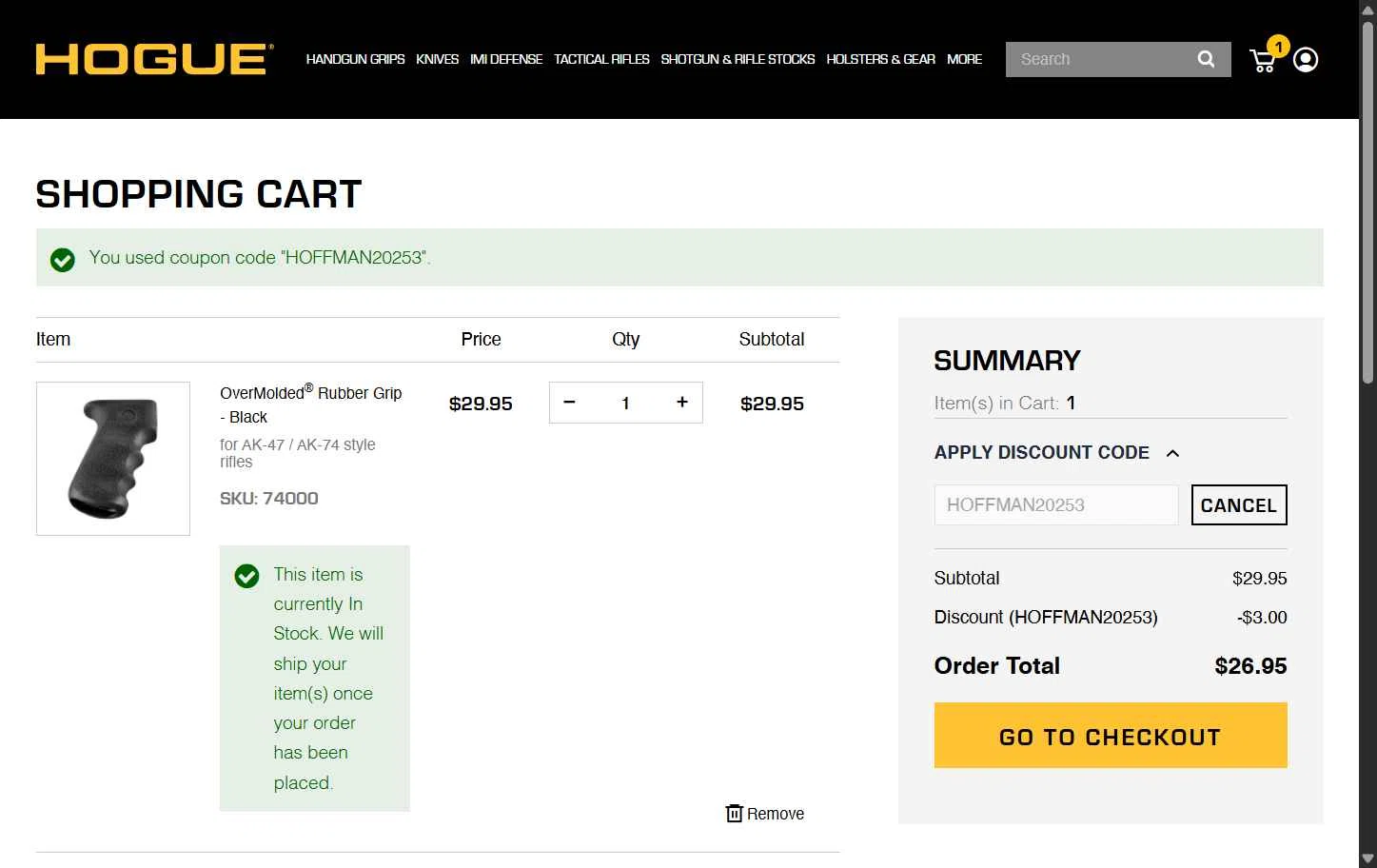 Hogue checkout page showing Hogue discount code box | Screenshot taken by SimplyCodes community member on Sep 13, 2025