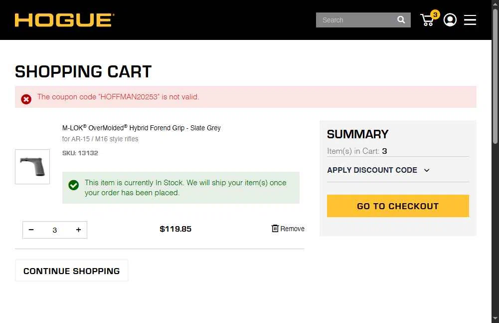 Hogue checkout page showing Hogue discount code box | Screenshot taken by SimplyCodes community member on Oct 4, 2025