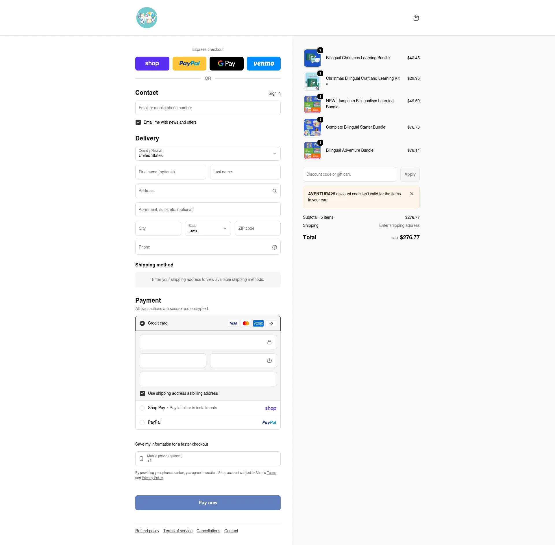 HolaAmigoBox checkout page showing HolaAmigoBox promo code box | Screenshot taken by SimplyCodes community member on Feb 26, 2026