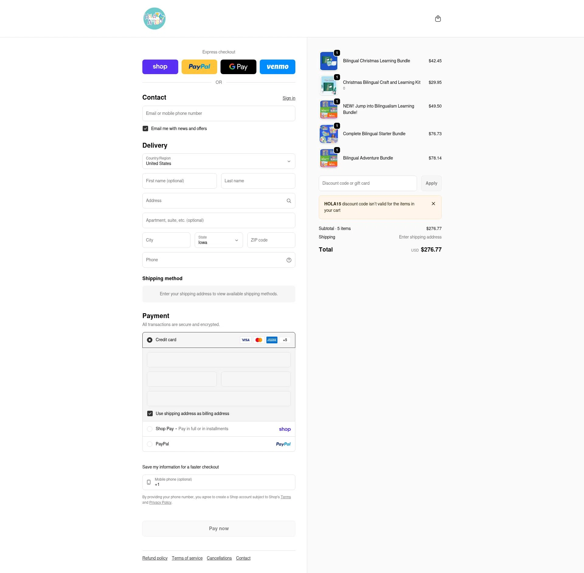 HolaAmigoBox checkout page showing HolaAmigoBox promo code box | Screenshot taken by SimplyCodes community member on Feb 26, 2026