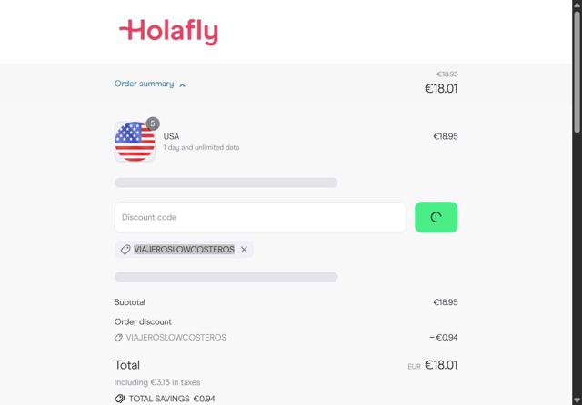 Holafly checkout page showing Holafly discount code box | Screenshot taken by SimplyCodes community member on Sep 12, 2025