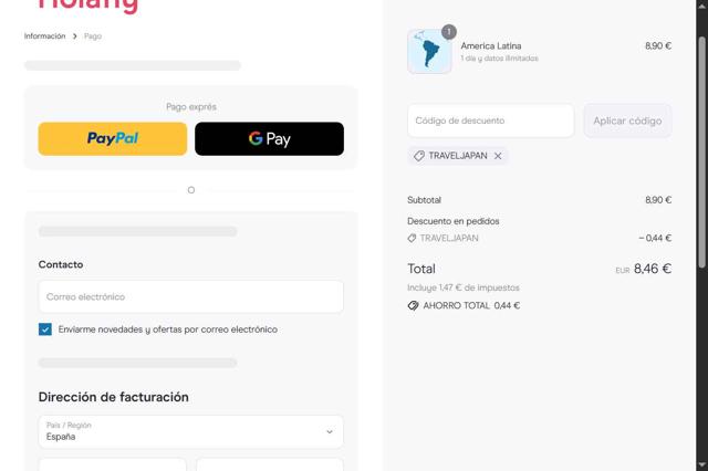 Holafly checkout page showing Holafly discount code box | Screenshot taken by SimplyCodes community member on Sep 7, 2025