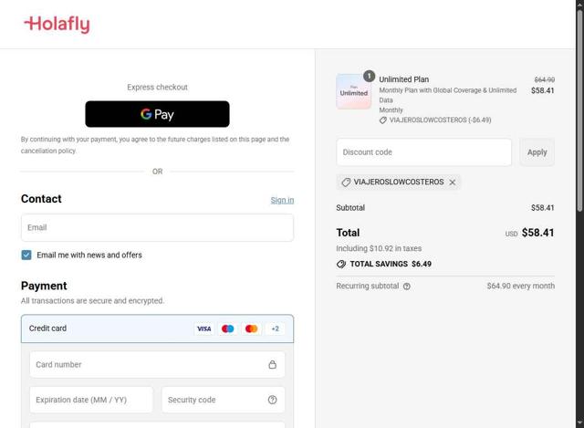 Holafly checkout page showing Holafly discount code box | Screenshot taken by SimplyCodes community member on Sep 12, 2025
