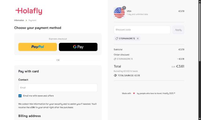 Holafly checkout page showing Holafly discount code box | Screenshot taken by SimplyCodes community member on Sep 11, 2025