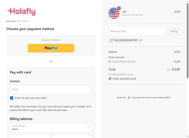 Holafly checkout page showing Holafly discount code box | Screenshot taken by SimplyCodes community member on Sep 8, 2025