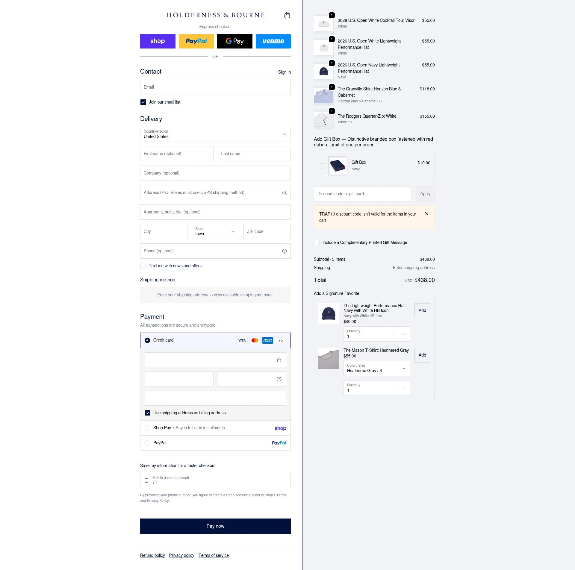 Holderness & Bourne checkout page showing Holderness & Bourne promo code box | Screenshot taken by SimplyCodes community member on Feb 8, 2026