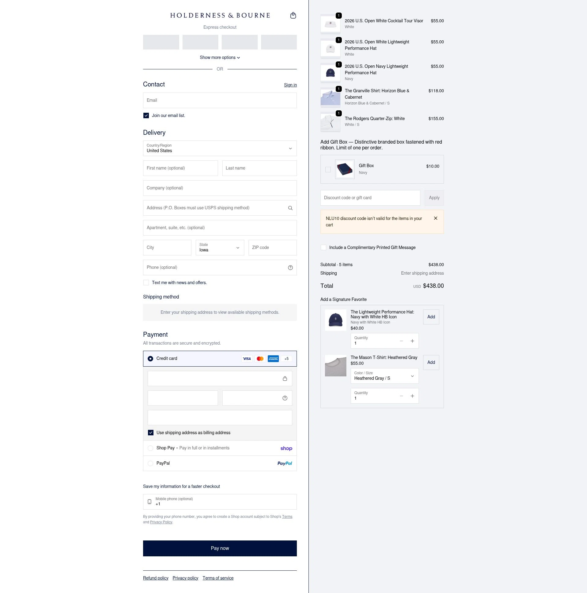 Holderness & Bourne checkout page showing Holderness & Bourne promo code box | Screenshot taken by SimplyCodes community member on Feb 8, 2026