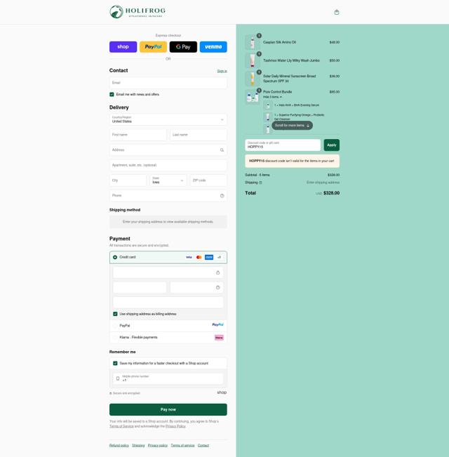 HoliFrog checkout page showing HoliFrog promo code box | Screenshot taken by SimplyCodes community member on Sep 12, 2025