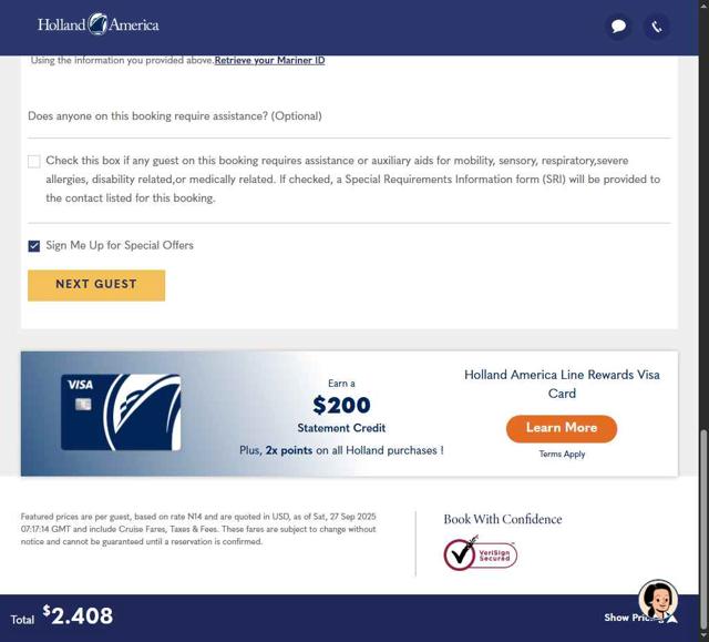 Holland America Cruise Line checkout page showing Holland America Cruise Line promo code box | Screenshot taken by SimplyCodes community member on Sep 27, 2025