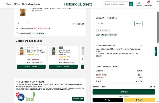 Holland and Barrett checkout page showing Holland and Barrett discount code box | Screenshot taken by SimplyCodes community member on Aug 28, 2025