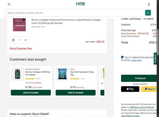 Holland and Barrett checkout page showing Holland and Barrett discount code box | Screenshot taken by SimplyCodes community member on Aug 25, 2025