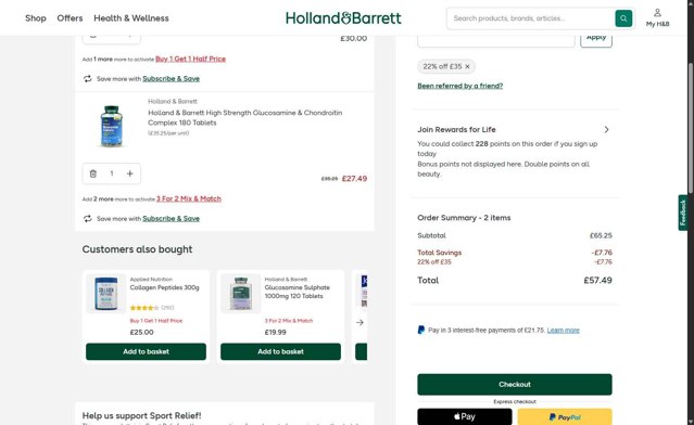 Holland and Barrett checkout page showing Holland and Barrett discount code box | Screenshot taken by SimplyCodes community member on Aug 19, 2025