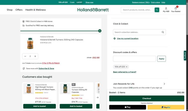 Holland and Barrett checkout page showing Holland and Barrett discount code box | Screenshot taken by SimplyCodes community member on Aug 28, 2025