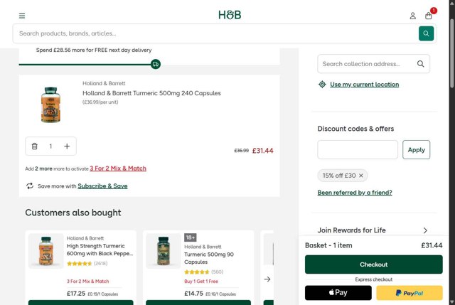 Holland and Barrett checkout page showing Holland and Barrett discount code box | Screenshot taken by SimplyCodes community member on Sep 3, 2025