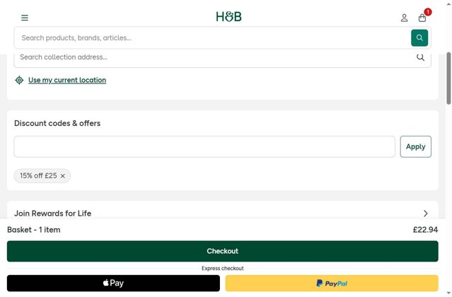 Holland and Barrett checkout page showing Holland and Barrett discount code box | Screenshot taken by SimplyCodes community member on Sep 1, 2025