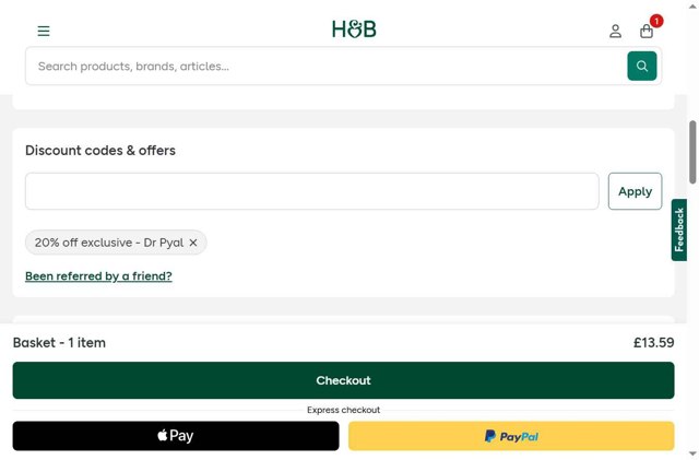 Holland and Barrett checkout page showing Holland and Barrett discount code box | Screenshot taken by SimplyCodes community member on Sep 3, 2025