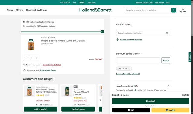 Holland and Barrett checkout page showing Holland and Barrett discount code box | Screenshot taken by SimplyCodes community member on Aug 22, 2025