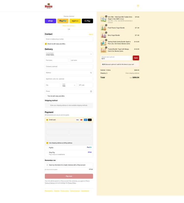Holle USA checkout page showing Holle USA coupon code box | Screenshot taken by SimplyCodes community member on Sep 15, 2025