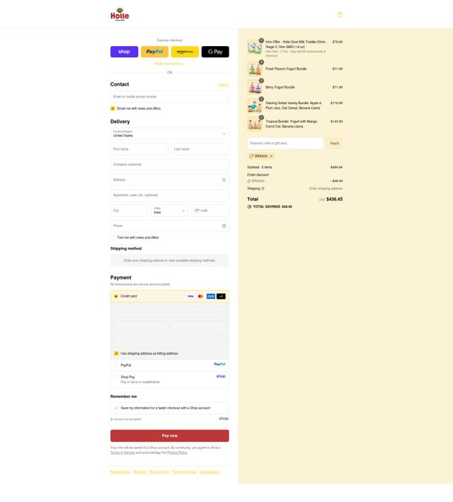 Holle USA checkout page showing Holle USA coupon code box | Screenshot taken by SimplyCodes community member on Sep 15, 2025