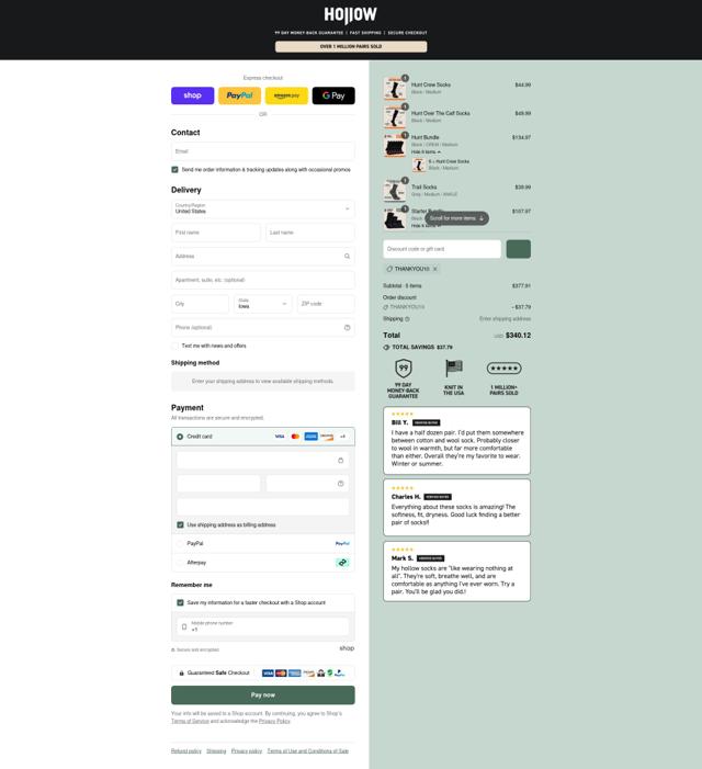 Hollow Socks checkout page showing Hollow Socks discount code box | Screenshot taken by SimplyCodes community member on Aug 31, 2025