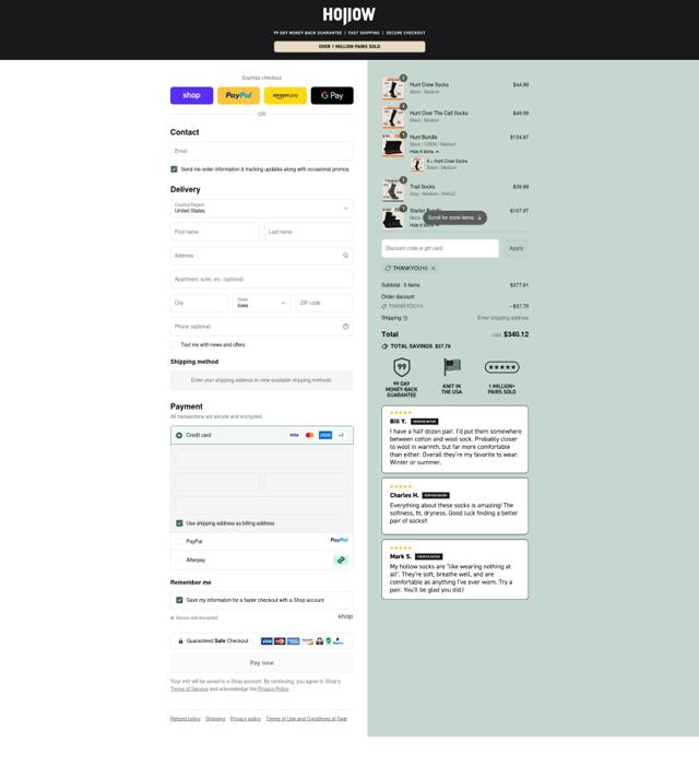 Hollow Socks checkout page showing Hollow Socks discount code box | Screenshot taken by SimplyCodes community member on Sep 13, 2025