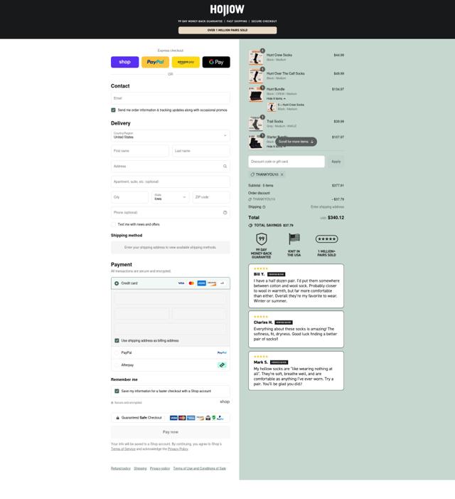 Hollow Socks checkout page showing Hollow Socks discount code box | Screenshot taken by SimplyCodes community member on Sep 9, 2025
